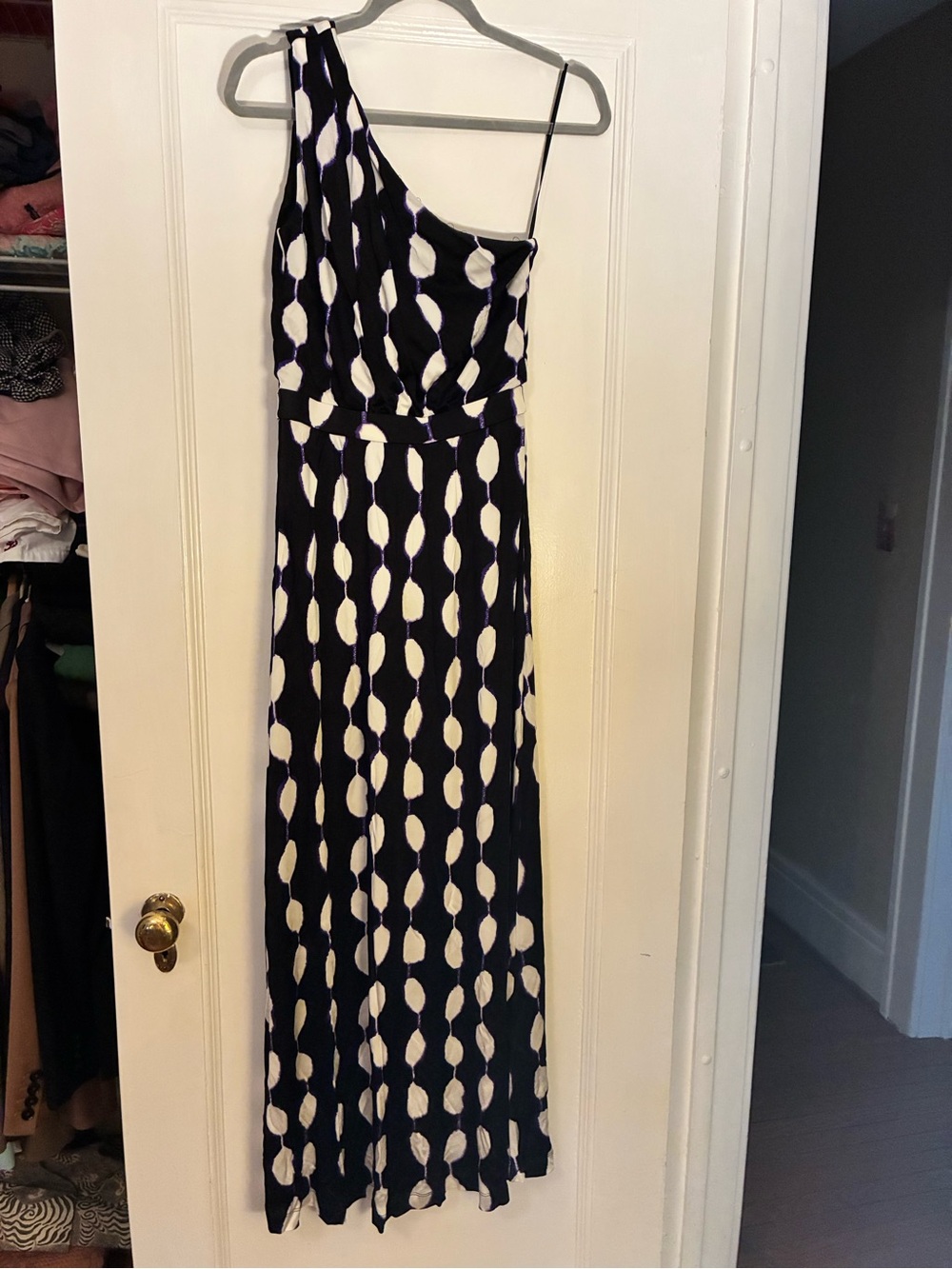 Diane Von Furstenberg Navy and White One-Shoulder Maxi Dress